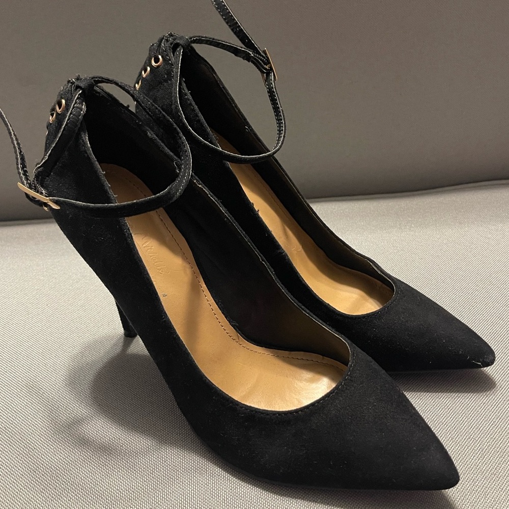 Anne Michelle Closed Toe Black Pointed Stiletto Heels Ankle Strap